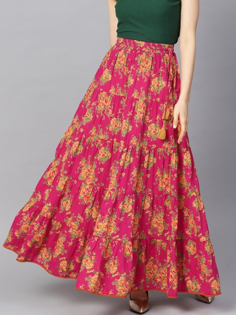 

KSUT Women Magenta & Mustard Yellow Floral Printed Flared Maxi Skirt