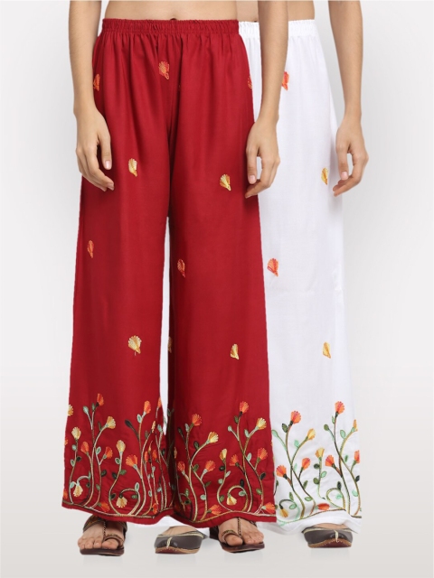 

NEUDIS Women Pack of 2 Maroon & White Embroidered Wide Leg Palazzos