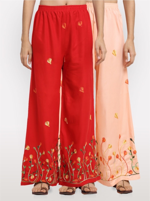 

NEUDIS Women Pack of 2 Red & Peach-Coloured Embroidered Wide Leg Palazzos