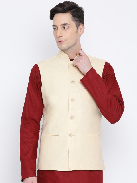 

NAMASKAR Men Cream-Coloured Solid Woven Pure Cotton Nehru Jacket