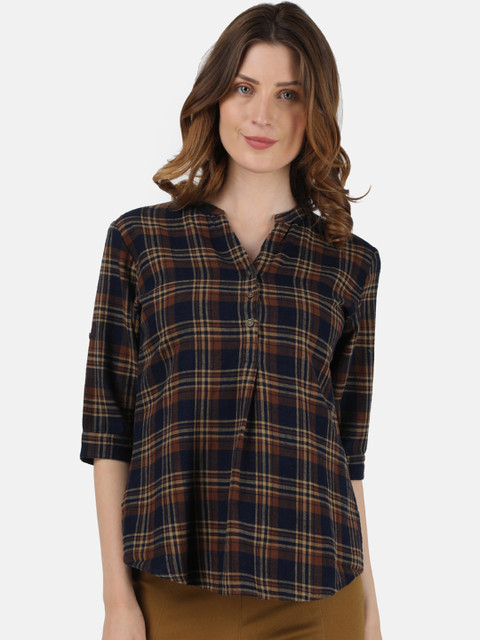 

Monte Carlo Blue Checked Mandarin Collar Shirt Style Top