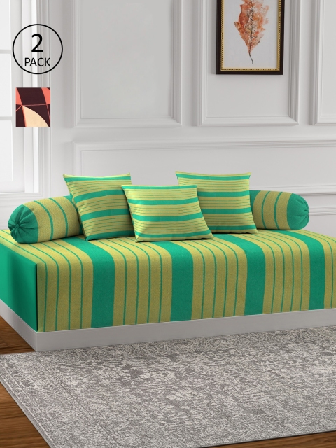 KLOTTHE Set Of 2 Printed Cotton Single Bedsheet With 4 Bolster Covers & 6 Cushion Covers, Green