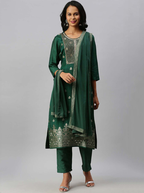 

Soch Women Green & Gold-Coloured Embroidered Kurta with Trousers & Dupatta