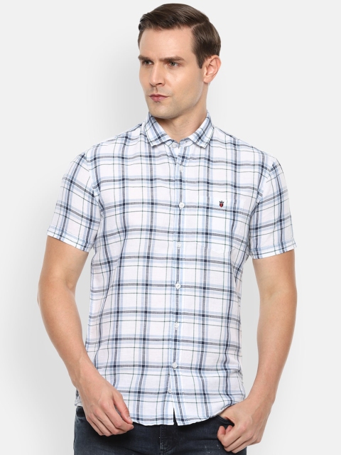 

Louis Philippe Jeans Men White & Blue Linen Cotton Slim Fit Checked Casual Shirt