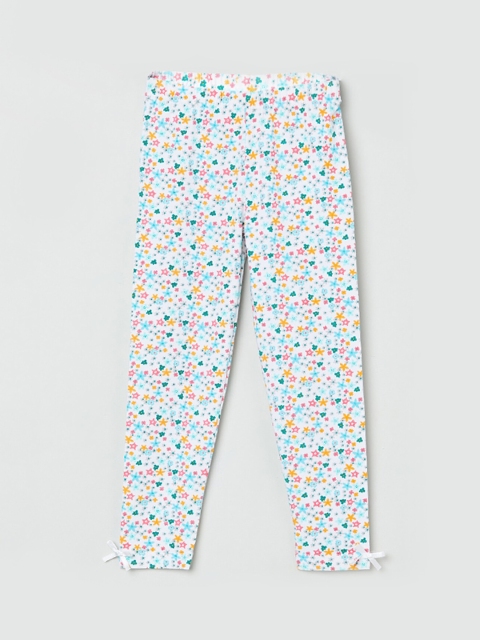 

max Girls White & Blue Printed Churidar-Length Leggings