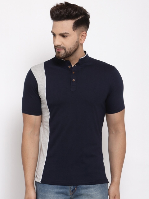 

Kalt Men Navy Blue & Grey Colourblocked Polo Collar T-shirt