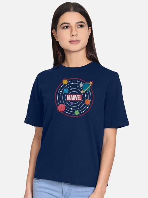 

Free Authority Women Blue Marvel Comics Printed Round Neck Pure Cotton T-shirt