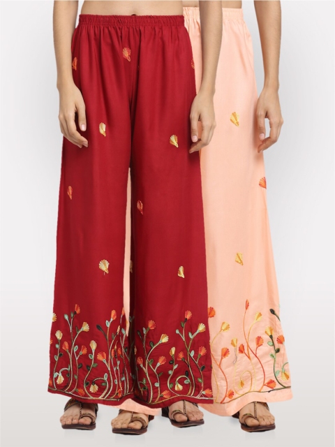 

NEUDIS Pack of 2 Women Maroon & Peach Embroidered Wide Leg Palazzos