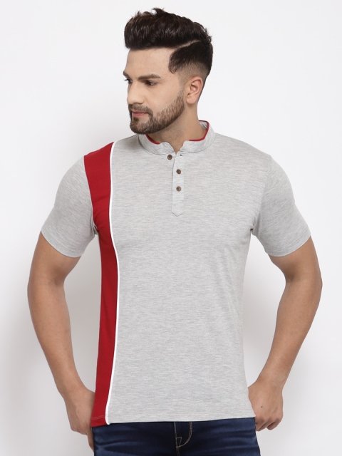 

Kalt Men Grey Melange & Red Colourblocked Mandarin Collar T-shirt