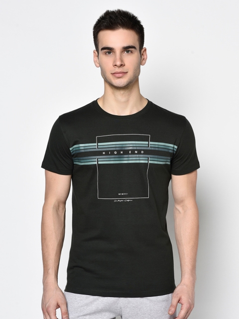 

Octave Men Olive Green Striped Round Neck T-shirt