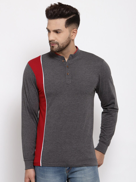 

Kalt Men Dark Grey & Red Colourblocked Mandarin Collar T-shirt
