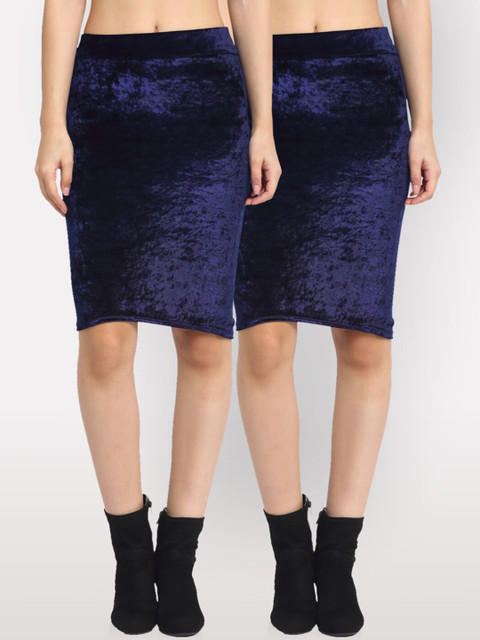 

NEUDIS Women Pack Of 2 Navy Blue Solid Velvet Pencil Knee-Length Skirt