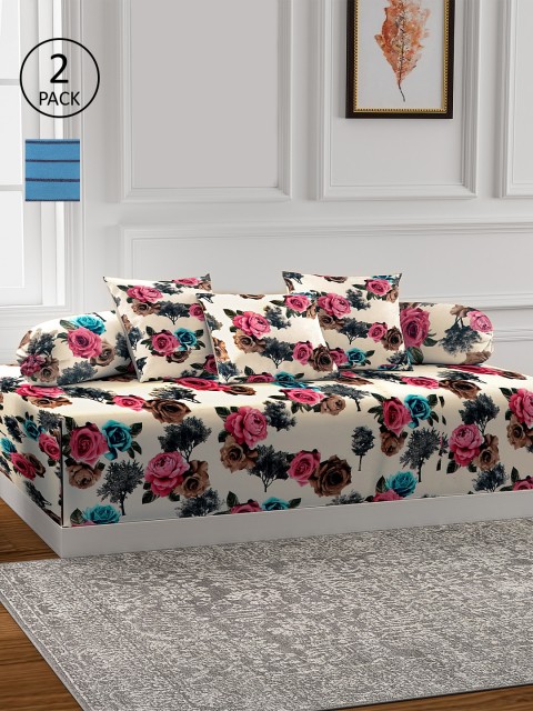 

KLOTTHE Set of 2 Floral Printed Single Bedsheet With 4 Bolster Covers & 6 Cushion Covers, Blue