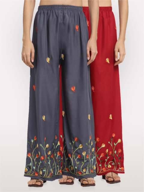 

NEUDIS Women Pack of 2 Embroidered Wide Leg Palazzos, Grey