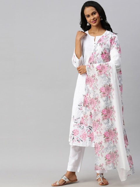 

Soch Women White Embroidered Kurta with Trousers & Dupatta