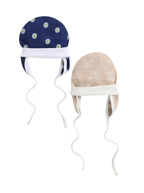 

BUMZEE Unisex Kids Beige & Navy Blue Printed Beanie