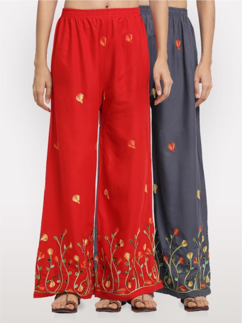 NEUDIS Women Red & Grey Embroidered Wide Leg Palazzos