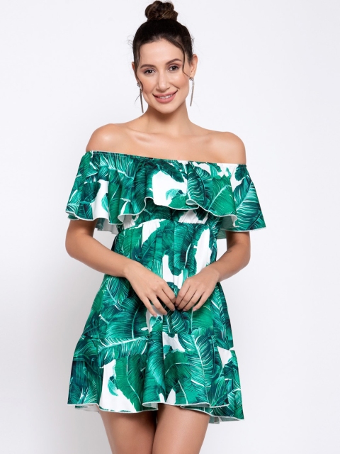 

iki chic Women White & Green Leaves Print A-line Dress