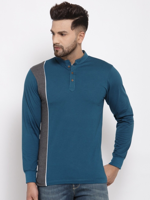 

Kalt Men Teal Blue & Dark Grey Solid Mandarin Collar T-shirt