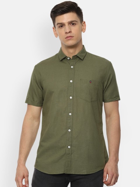 

Louis Philippe Jeans Men Olive Green Linen Cotton Slim Fit Solid Casual Shirt