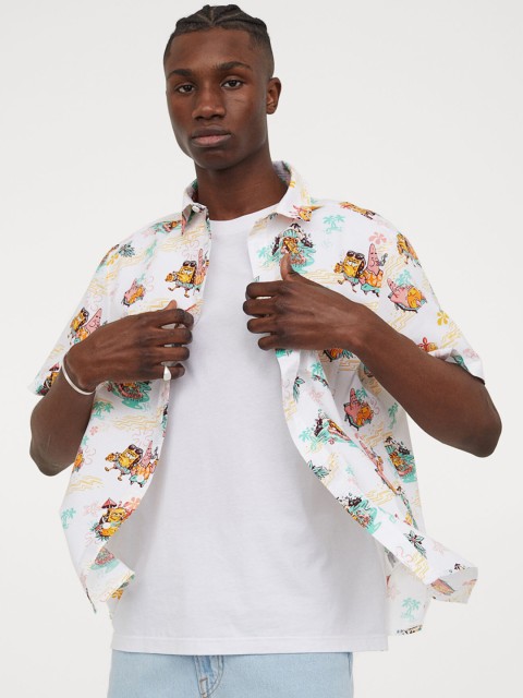 

H&M Men White & Beige Printed Regular Fit Short-Sleeve Shirt