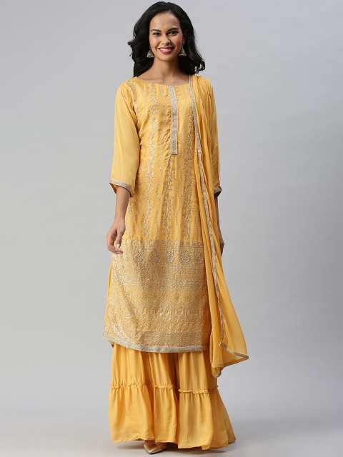 

Soch Women Yellow & Gold-Coloured Embroidered Kurta with Sharara & Dupatta