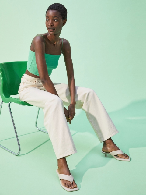 

H&M Women Beige Solid Wide Twill Trousers