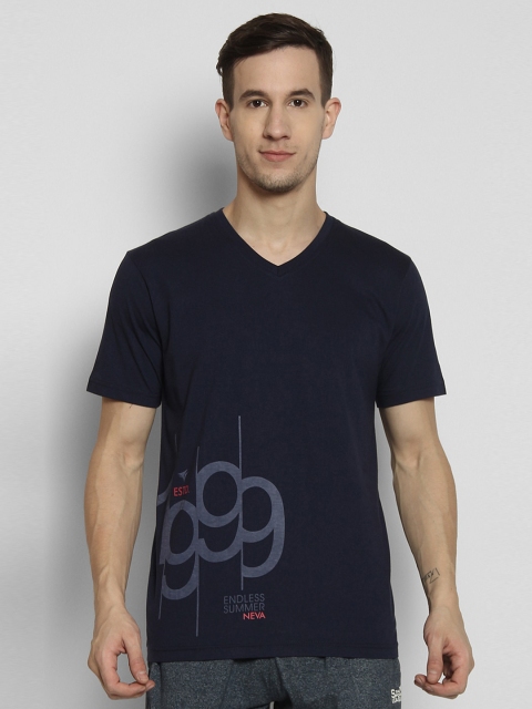 

NEVA Men Navy Blue Pure Cotton Printed V-Neck T-shirt