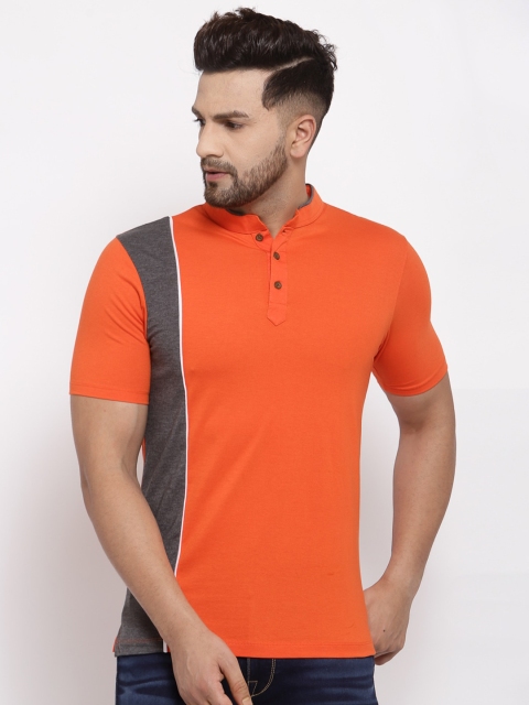 

Kalt Men Orange & Grey Colourblocked Mandarin Collar T-shirt