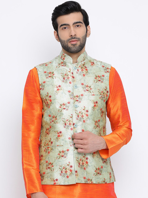 

NAMASKAR Men Green & Red Embroidered Woven Pure Silk Nehru Jacket
