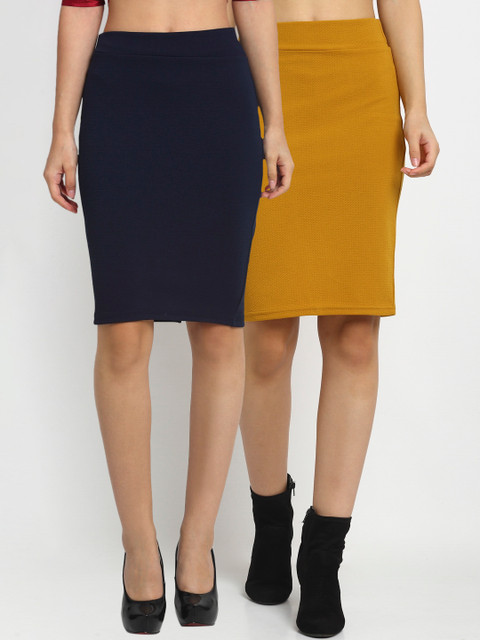 

NEUDIS Women Pack Of 2 Solid Pencil Knee-Length Skirt, Mustard