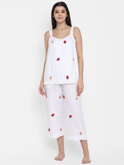 

BLANC9 Women White & Red Strawberry Embroidery Night suit