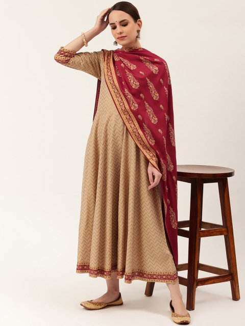 Rustorange Women Beige Printed Ethnic Maxi Dress with Maroon Printed Dupatta