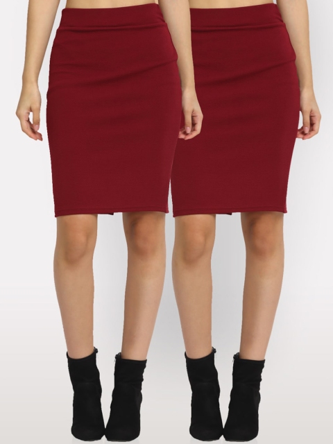 

NEUDIS Women Pack Of 2 Maroon Solid Pencil Skirts