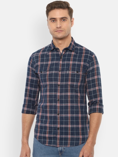 

Louis Philippe Jeans Men Navy Blue & Red Slim Fit Checked Cotton Casual Shirt
