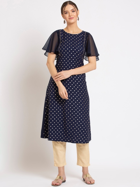 

ALC Creations Women Navy Blue Printed Flared Sleeves Crepe Kurta