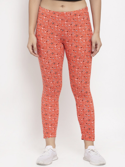 

Wolfpack Women Orange & Black Printed Cotton Ankle-Length Leggings