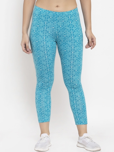 

Wolfpack Women Blue & White Printed Cotton Ankle-Length Leggings