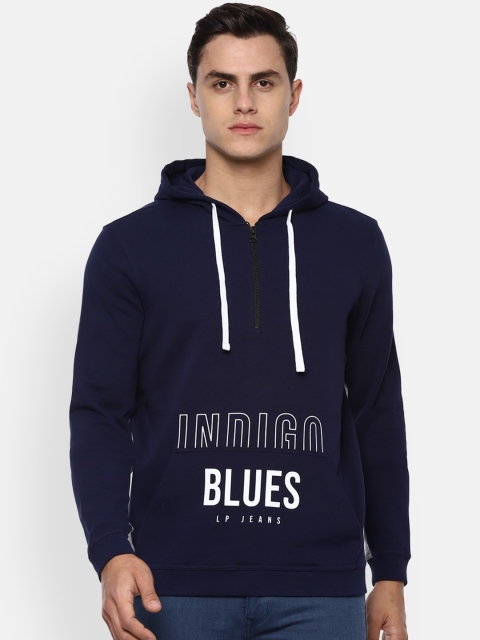 

Louis Philippe Jeans Men Navy Blue & White Printed Pure Cotton Hooded Sweatshirt