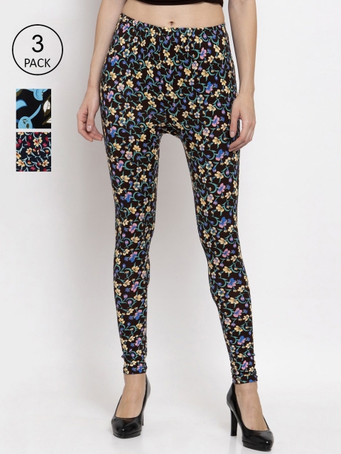 

KLOTTHE Women Pack Of 3 Floral Printed Churidar Length Leggings, Black