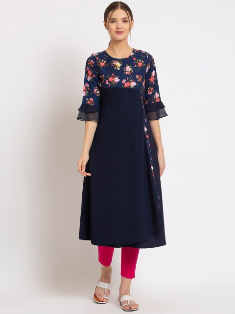 

ALC Creations Women Navy Blue Floral Yoke Design Bell Sleeves Crepe Kurta