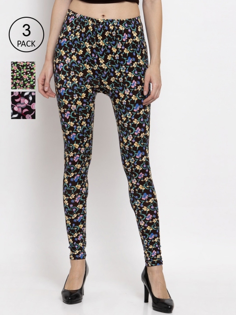 

KLOTTHE Women Pack Of 3 Floral Printed Churidar-Length Leggings, Black
