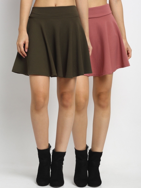 

NEUDIS Women Pack Of 2 Solid Flared Mini Skater Skirt, Peach