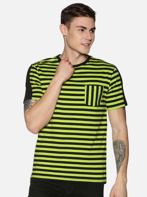 

UrGear Men Green & Black Striped Round Neck Cotton T-shirt