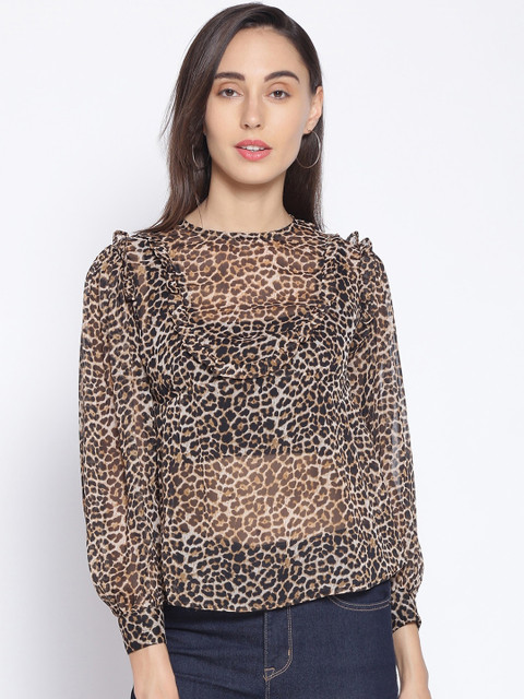 

Oxolloxo Brown Animal Printed Sheer Regular Top
