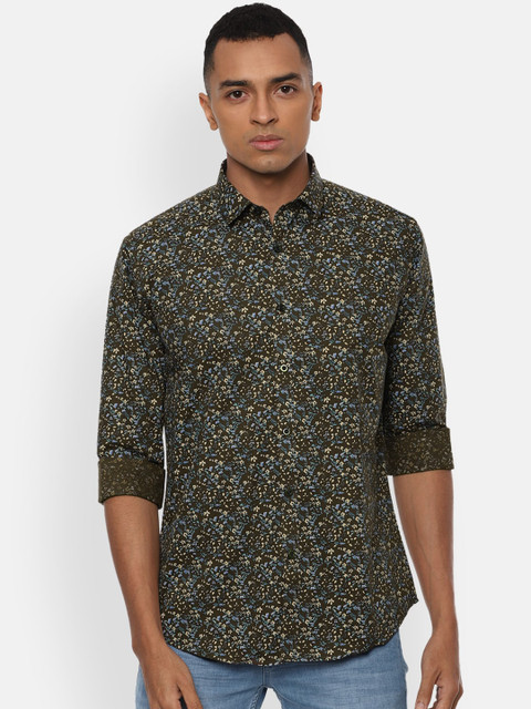 

V Dot Men Olive Green Slim Fit Printed Cotton Casual Shirt