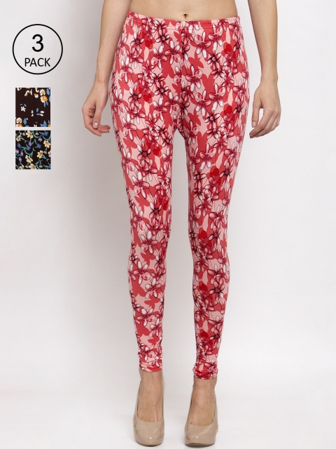

KLOTTHE Women Pack Of 3 Floral Printed Churidar Length Leggings, Red