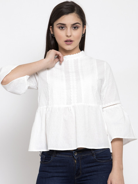 

Global Republic White Embroidered Mandarin Collar Peplum Top