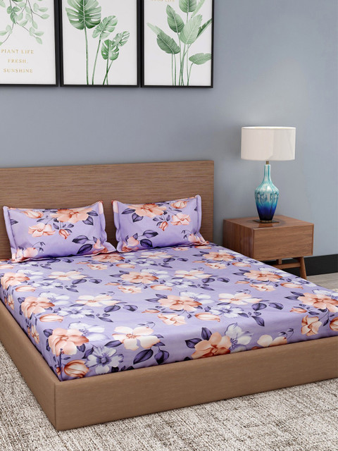 

NEUDIS Purple & Peach-Coloured Floral 180 TC Polyester 1 King Bedsheet with 2 Pillow Covers