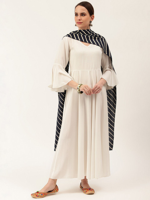 

Rustorange Women White Solid Maxi Dress With Dupatta
